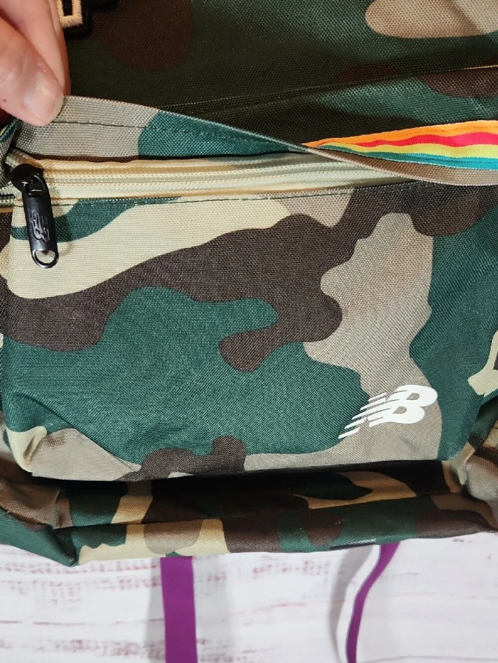 New Balance Green Camo Backpack with Rainbow Stripe and Purple Accents